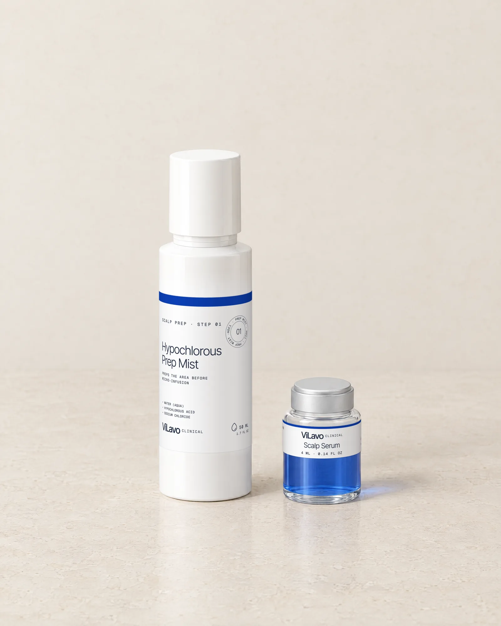 Hypochlorous Prep Mist in a white spray bottle, the free gift with every pre-order, beside a vial of Scalp Serum.