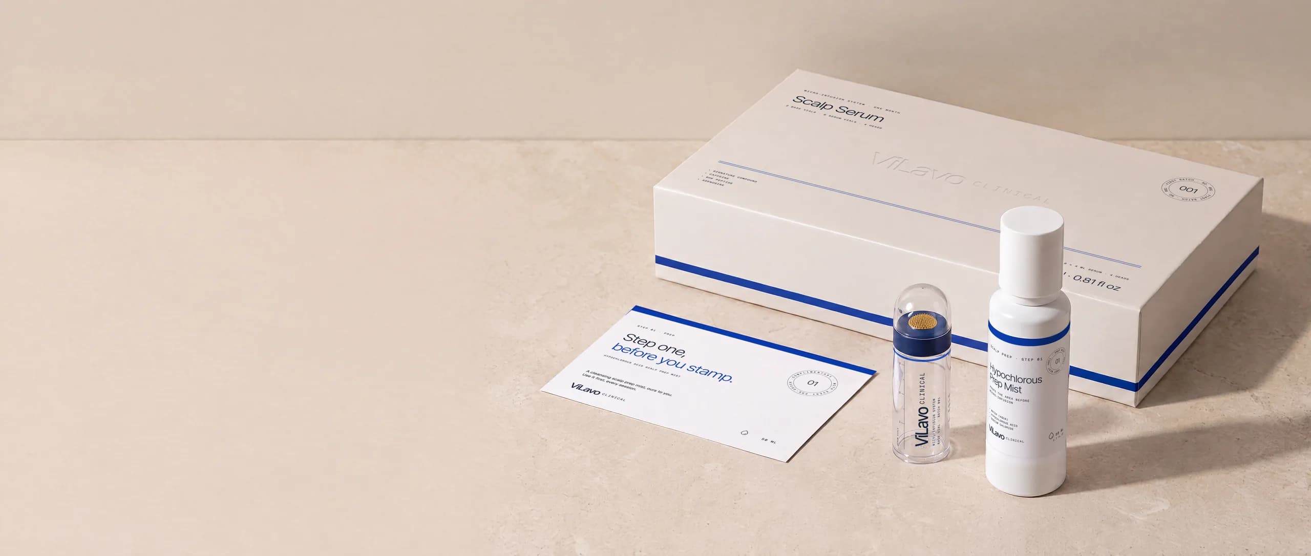 The ViLavo Clinical one-month box with a base vial, the Hypochlorous Prep Mist and its gift card.