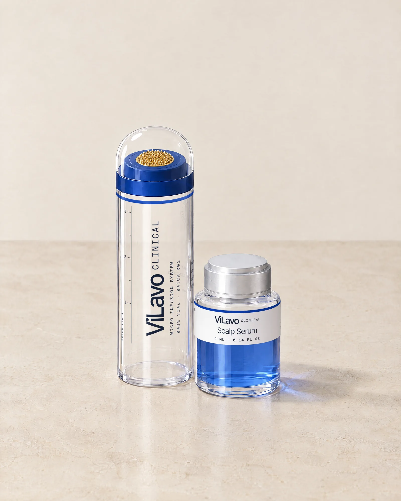 ViLavo Clinical base vial with its dome cap beside a 4 ml vial of blue Scalp Serum.