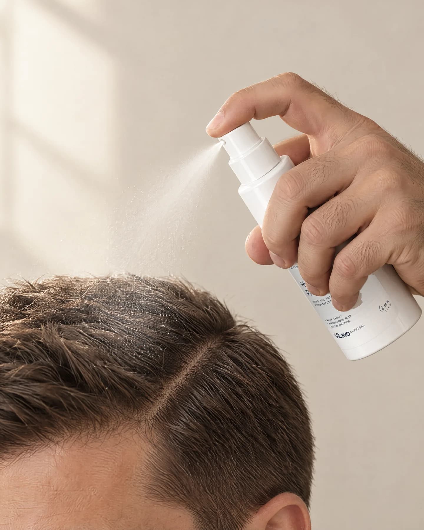 A man mists the Hypochlorous Prep Mist over his short hair before micro-infusion.